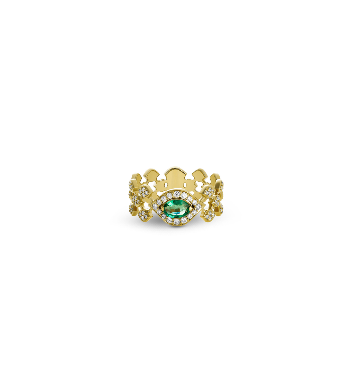 Yellow gold 18k ring with pave brilliant diamonds and 1 oval shape emerald by Casato